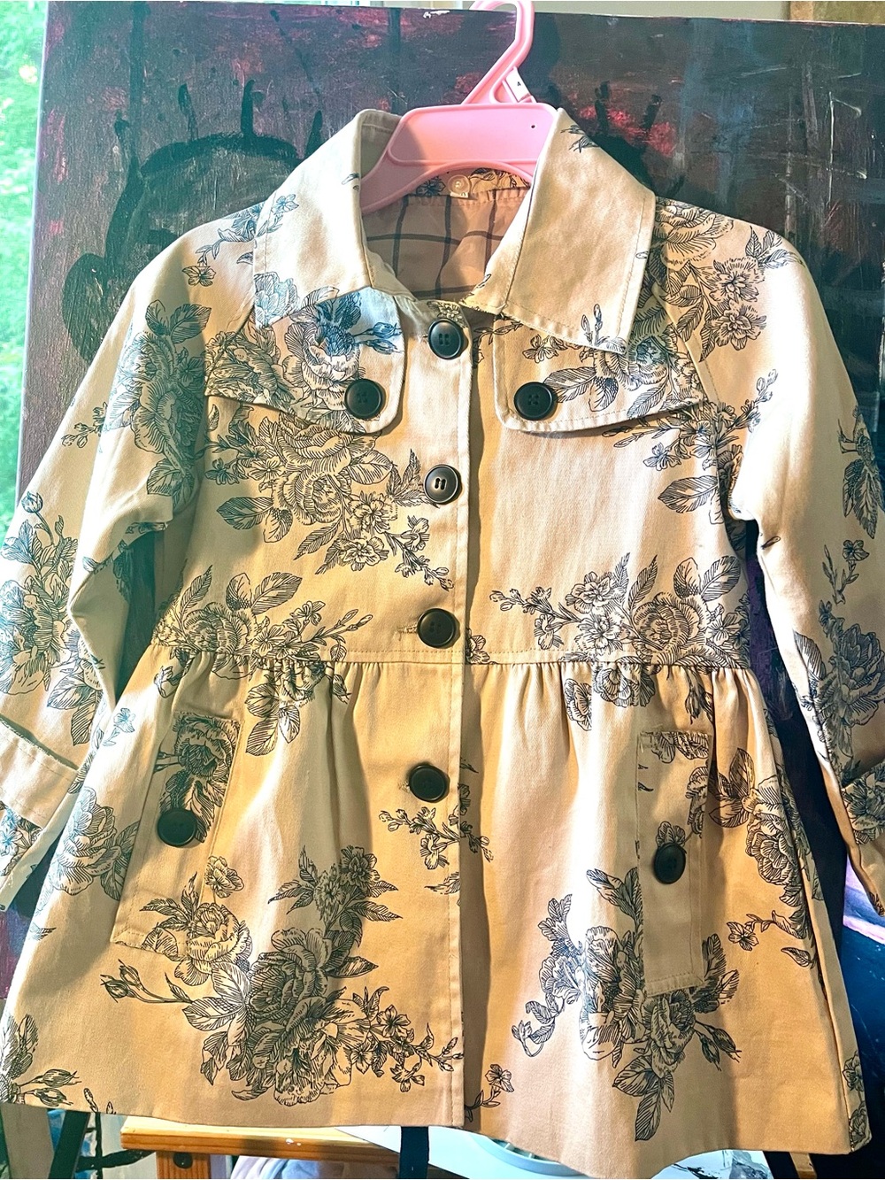 Unk Beige Floral Print Girls' Button-Front Raincoat